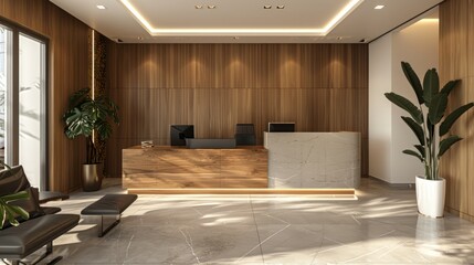 Waiting area with marble floor, wooden reception desk, and plants - obrazy, fototapety, plakaty