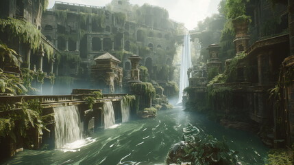Dawn light bathes a historical cityscape with a majestic waterfall, highlighting the grandeur of...