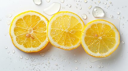 Fresh sliced lemons with water drops on white surface