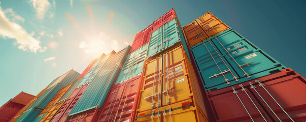 Stacked colorful cargo containers against a blue sky.