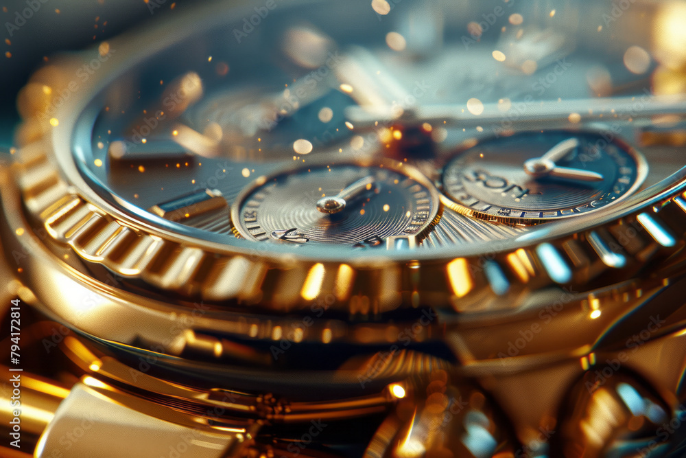 Aufkleber a luxury watch advertisement where the backdrop is a close-up of a brushed gold surface, emphasizing