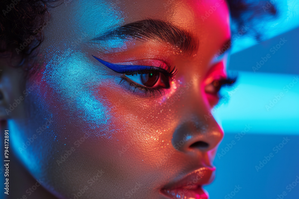 Poster A makeup tutorial series featuring neon eyeshadows and liners, demonstrated against a backdrop of so