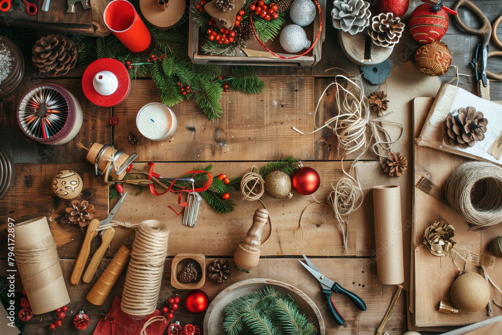Poster a wooden table with a christmas tree and presents on it. the presents are wrapped in brown paper and