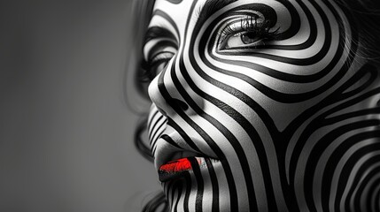 Striking monochrome optical illusion on female face with bold red lips