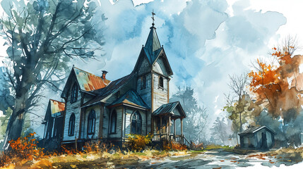 Landscape with Historical Abandoned Church At Mountains Oil Painting on Canvas