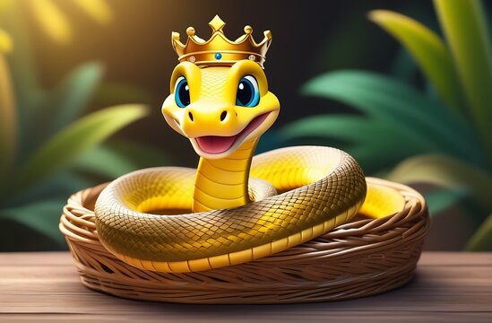 Beautiful expressive yellow python snake with crown on its head sits in wicker basket on background of leaves