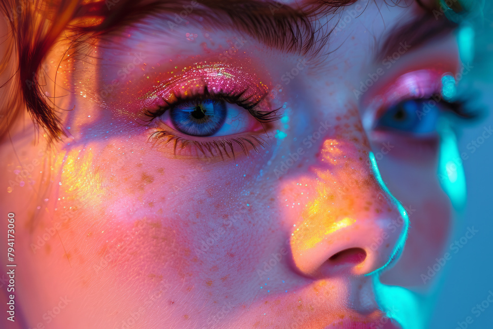 Poster a makeup tutorial series featuring neon eyeshadows and liners, demonstrated against a backdrop of so