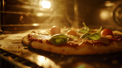 Freshly baked homemade pizza with tomato sauce, melted cheese, and basil leaves on an oven rack