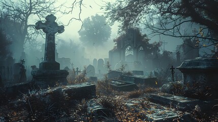 haunting beauty of a forgotten graveyard, with weathered tombstones and creeping shadows, in full ultra HD clarity.