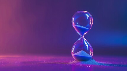Illuminated sand timer on a purple background with neon glow
