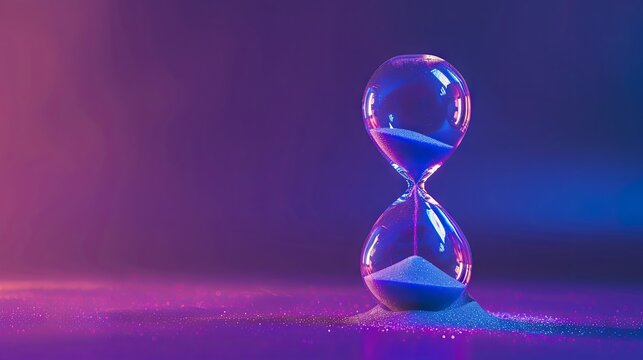 Illuminated sand timer on a purple background with neon glow