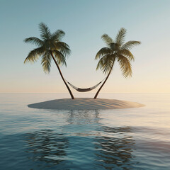 the tranquility of an isolated island with two palm trees and a hammock suspended between them, set against a calm sea and clear sky during sunrise or sunset hours.