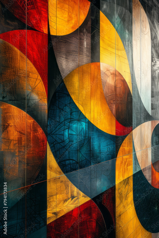 Fototapete a mural where art deco patterns from the 1920s merge seamlessly into a digital landscape of interact