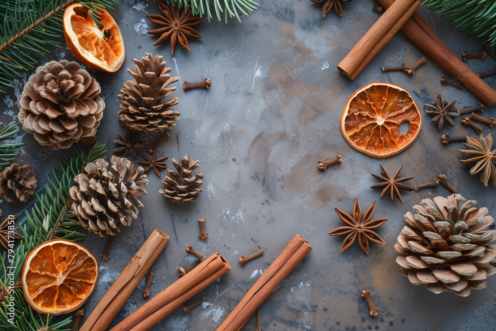 Poster a table with a variety of spices and pine cones. the pine cones are arranged in a row and are surrou