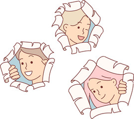 Happy teenage schoolgirls make surprise by peeking out of holes in papers and peeking at you with curiosity. Curious schoolgirls smile and wink inviting them to educational courses to prepare for exam