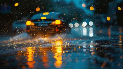 Fototapeta premium Vibrant city night lights reflecting on wet streets