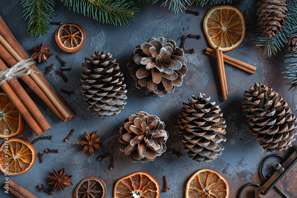 Poster a table with a variety of spices and pine cones. the pine cones are arranged in a row and are surrou