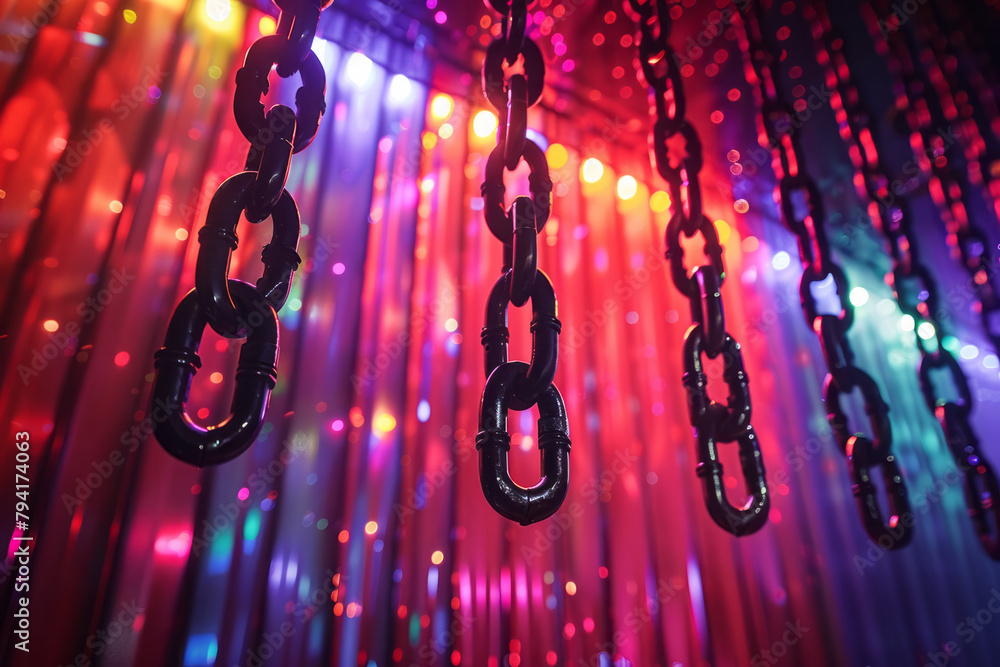 Poster a nightclub design featuring a ceiling of hanging metallic chains that move and sway with the music,