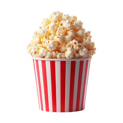 A red and white striped popcorn cup filled to the brim with fluffy on a transparent background