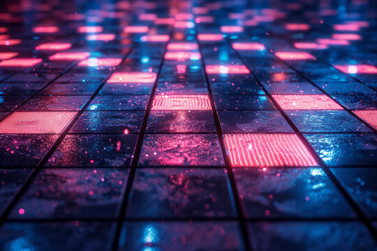 A neon grid landscape reminiscent of vintage video games, providing a nostalgic trip through digital