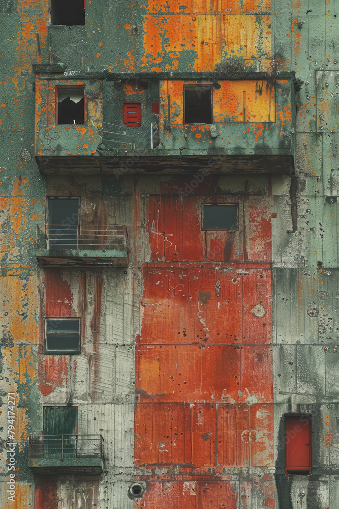 Poster a photo series focusing on urban architecture, highlighting the tension between the rigid lines of b