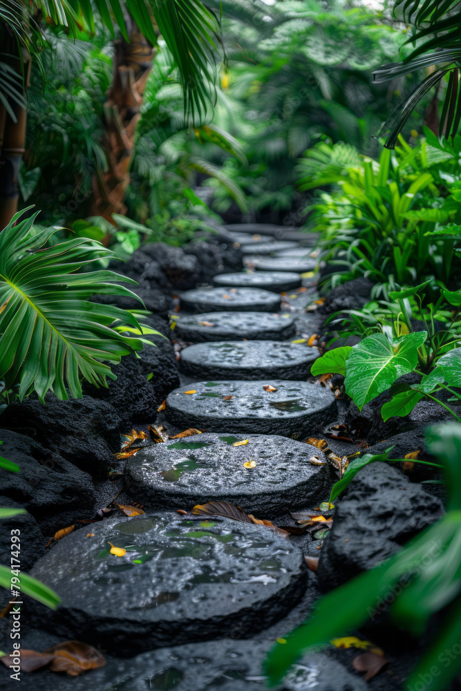 Aufkleber a path in a botanical garden lined with stones that display a natural gradient from dark volcanic ro
