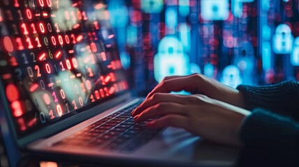Cybersecurity concept with a person typing on a laptop amidst digital locks