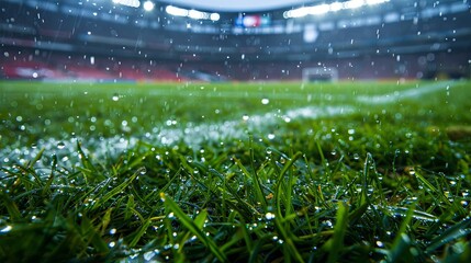 Fresh dew on soccer field grass with stadium lights in the background