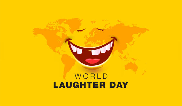EPS Vector illustration of World Laughter Day poster background. Funny Laughing yoga face with world map.
