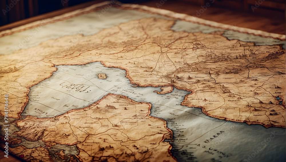 Poster discovering adventure: a photo-realistic tapestry map unfolding a journey of discovery and explorati