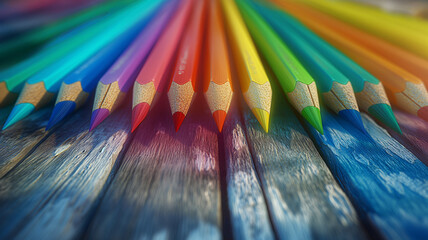 A row of colored pencils are lined up on a wooden surface - obrazy, fototapety, plakaty