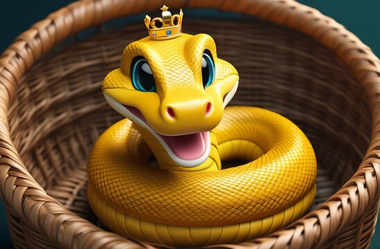 beautiful expressive yellow python snake with crown on its head sits in wicker basket, top view
