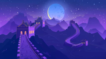 Muurstickers The Great Wall of China with simple background and purple and blue gradient color scheme. Flat illustration style.  © Aisyaqilumar