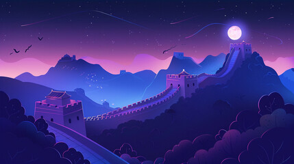 The Great Wall of China with simple background and purple and blue gradient color scheme. Flat illustration style.  - obrazy, fototapety, plakaty