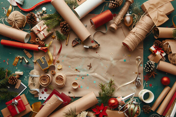 A table full of Christmas decorations including ribbons, scissors, and a variety of gifts. The table is covered in a mix of red and green items, creating a festive and joyful atmosphere - obrazy, fototapety, plakaty