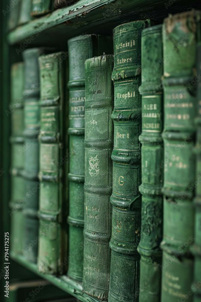Aufkleber A book cover series where each genre is represented by a different shade of green, visually coding t