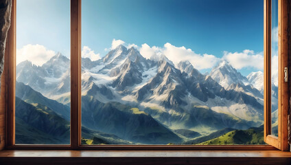 Scenic Mountain Peaks Viewed Through Window - Ideal for Adventure Tours in Relaxation Area - obrazy, fototapety, plakaty