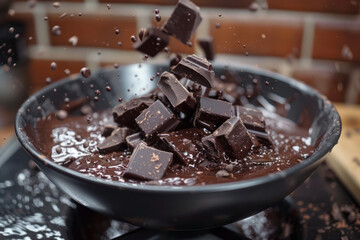 A photograph of chocolate melting in a bowl over a pot of boiling water, turning from solid chunks t