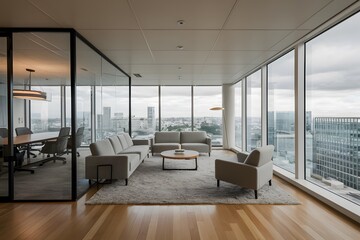 Modern office lounge with glass partitions, neutral colors, wooden floors, and stunning city views Professional environment