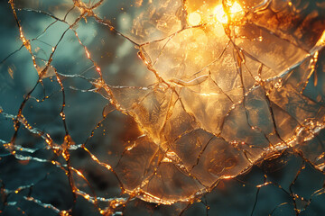 A photograph of intricate glasswork, with cracks and separations filled with light to symbolize the - obrazy, fototapety, plakaty