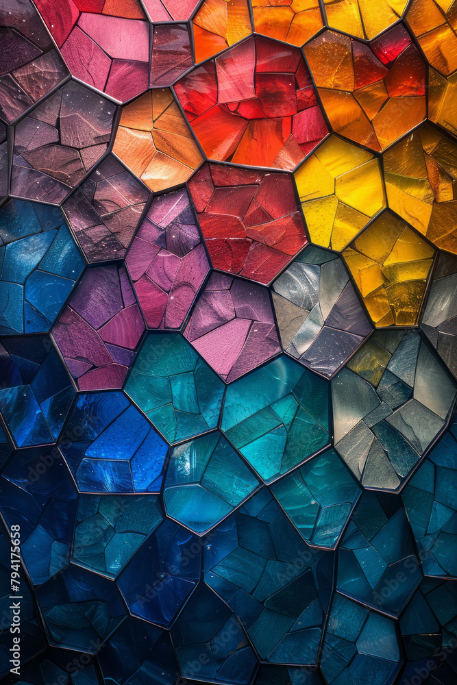 Aufkleber a photograph-style illustration of a digital wallpaper featuring interlocking hexagons in a spectrum