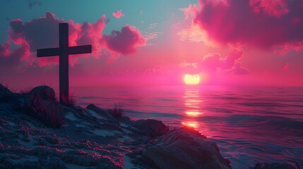 reverence of a Christian cross set against a colorful sunset over the ocean, captured in full ultra HD resolution.