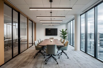 Modern office design with white walls, wooden accents, large windows, and linear lighting Clean and professional