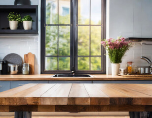 Empty wooden top table in kitchen with blurred window background in the morning