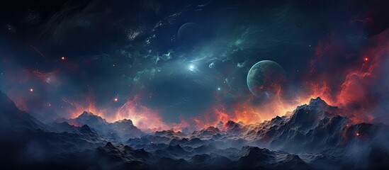 Naklejka premium An astronomical object painting with mountains, planet, and a galaxy in the sky