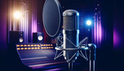 A studio microphone with a pop filter in the foreground - obrazy, fototapety, plakaty