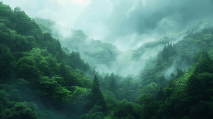 A lush green forest with a foggy mist in the air