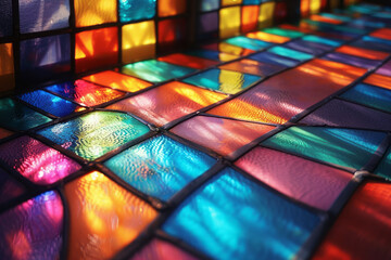 A piece of stained glass that filters sunlight into a gradient, casting colorful shadows that change