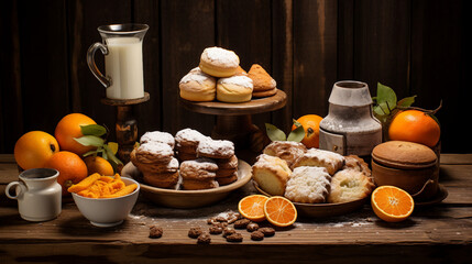 table of breakfast foods, oranges, milk, pastries