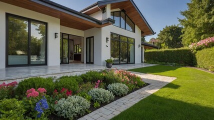 Modern house stands amidst beautifully landscaped garden, presenting harmonious blend of architecture, nature. House, boasting large windows, clean lines, combination of white walls, wooden accents.